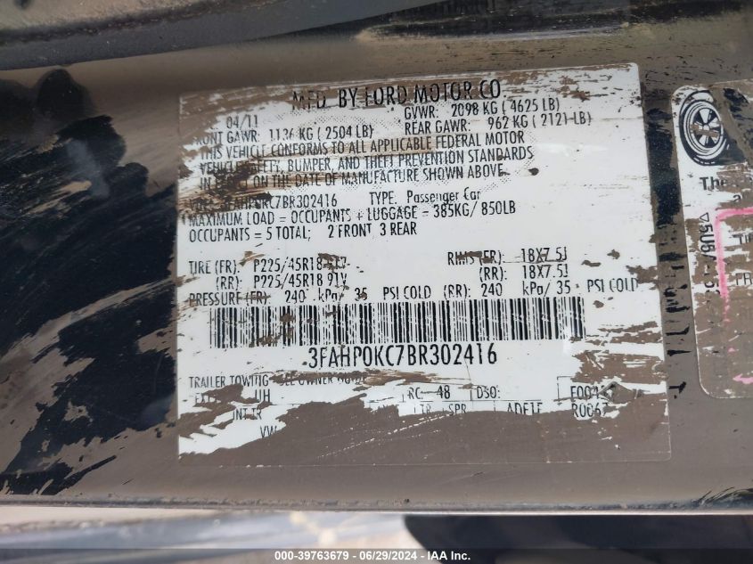 2011 Ford Fusion Sport VIN: 3FAHP0KC7BR302416 Lot: 39763679