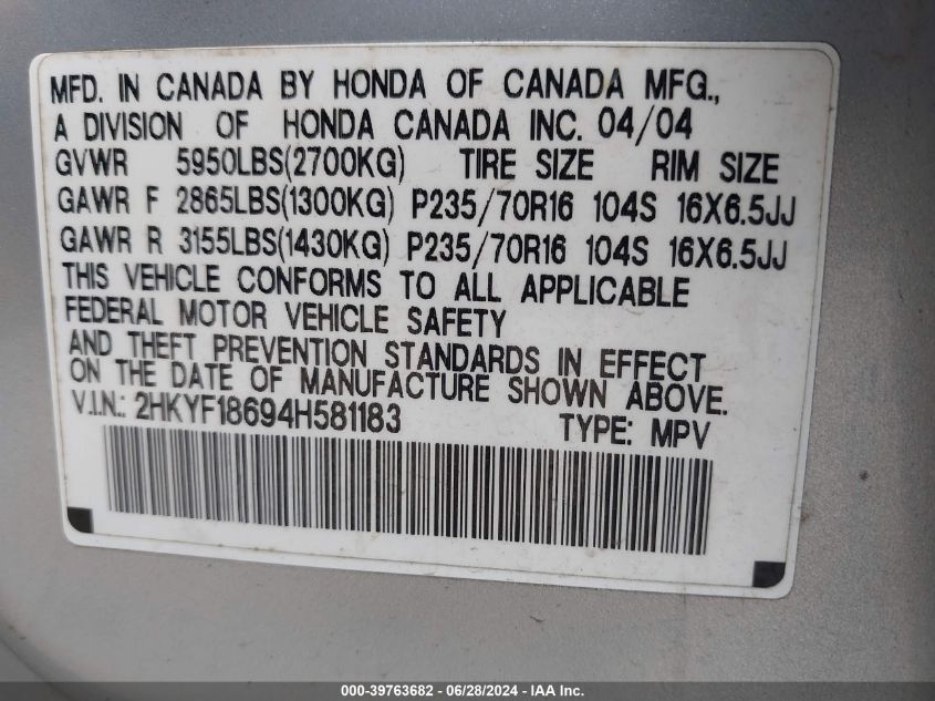 2004 Honda Pilot Ex-L VIN: 2HKYF18694H581183 Lot: 39763682