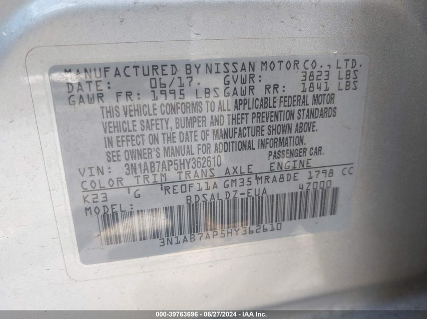 2017 Nissan Sentra Sv VIN: 3N1AB7AP5HY362610 Lot: 39763696