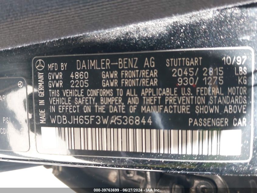 1998 Mercedes-Benz E 320 VIN: WDBJH65F3WA536844 Lot: 39763699