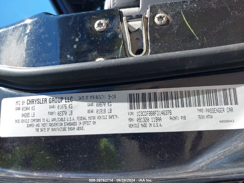 2015 Dodge Dart Sxt VIN: 1C3CDFBB8FD146378 Lot: 39763714