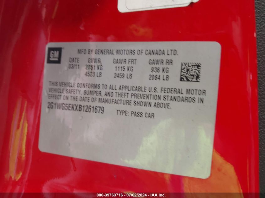 2011 Chevrolet Impala Lt VIN: 2G1WG5EKXB1261679 Lot: 39763716