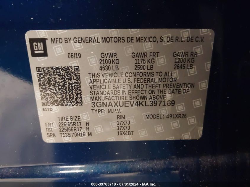 2019 Chevrolet Equinox Lt VIN: 3GNAXUEV4KL397169 Lot: 39763719