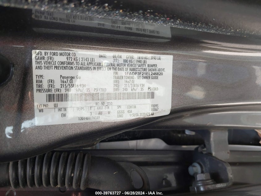 2014 Ford Focus Se VIN: 1FADP3F21EL246820 Lot: 39763727