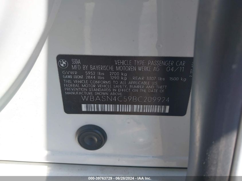2011 BMW 550 Gt VIN: WBASN4C59BC209924 Lot: 39763729