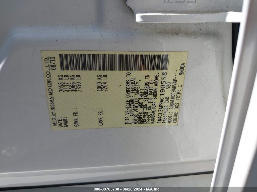 2010 Nissan Altima Hybrid VIN: 1N4CL2AP9AC190558 Lot: 39763730