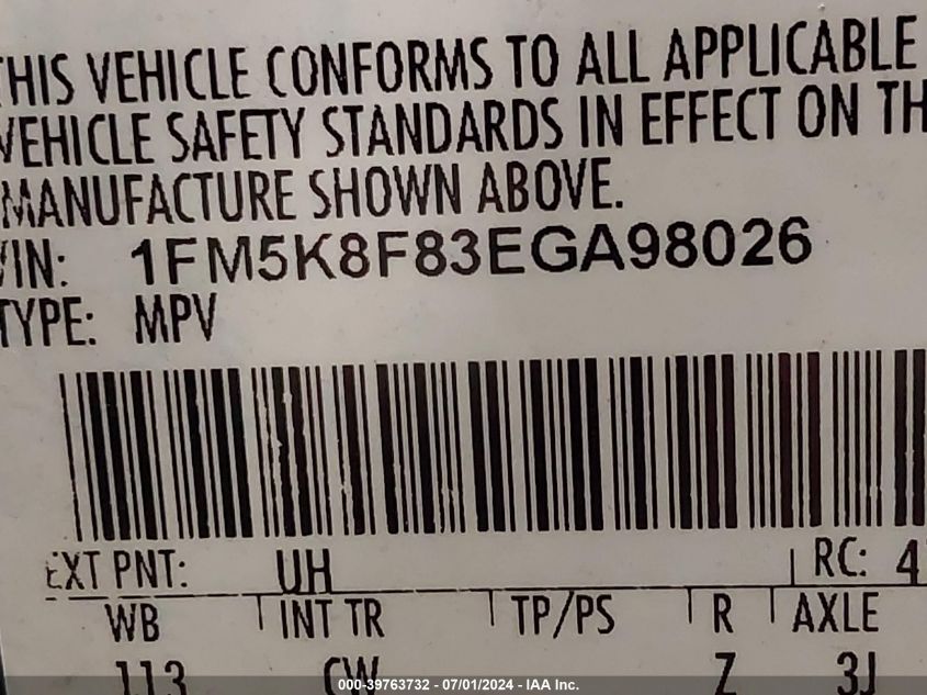 2014 Ford Explorer Limited VIN: 1FM5K8F83EGA98026 Lot: 39763732