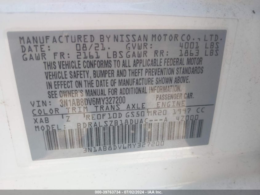 2021 Nissan Sentra Sr Xtronic Cvt VIN: 3N1AB8DV6MY327200 Lot: 39763734