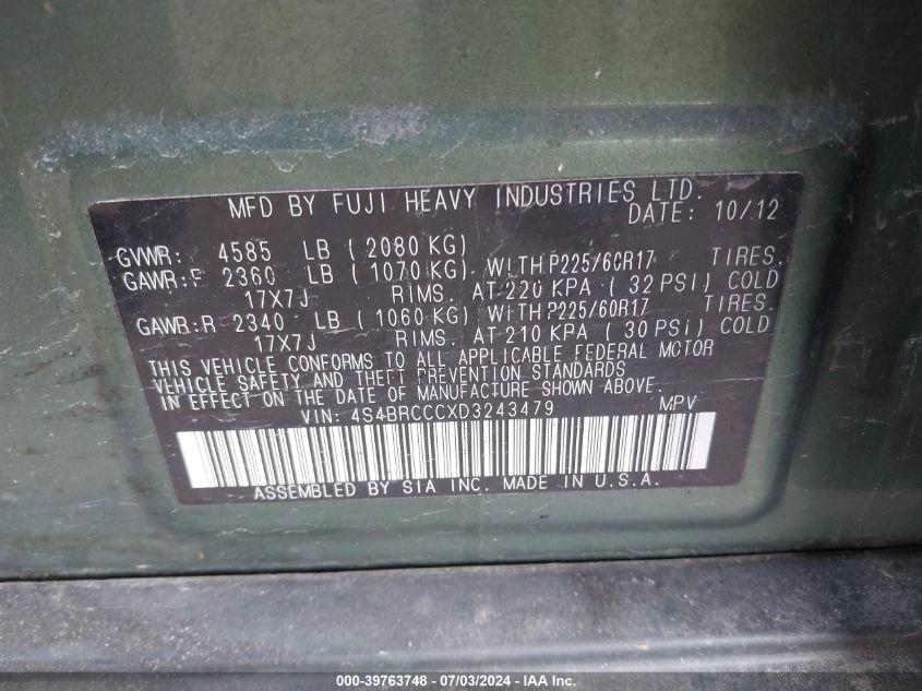 2013 Subaru Outback 2.5I Premium VIN: 4S4BRCCCXD3243479 Lot: 39763748