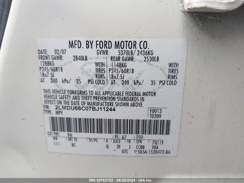 2007 Lincoln Mkx VIN: 2LMDU68C07BJ11244 Lot: 39763752