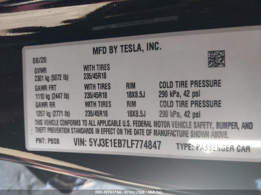 2020 Tesla Model 3 Long Range Dual Motor All-Wheel Drive VIN: 5YJ3E1EB7LF774847 Lot: 39763784