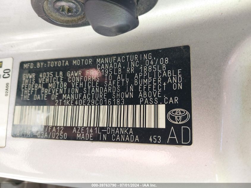 2009 Toyota Matrix S VIN: 2T1KE40E29C016183 Lot: 39763790