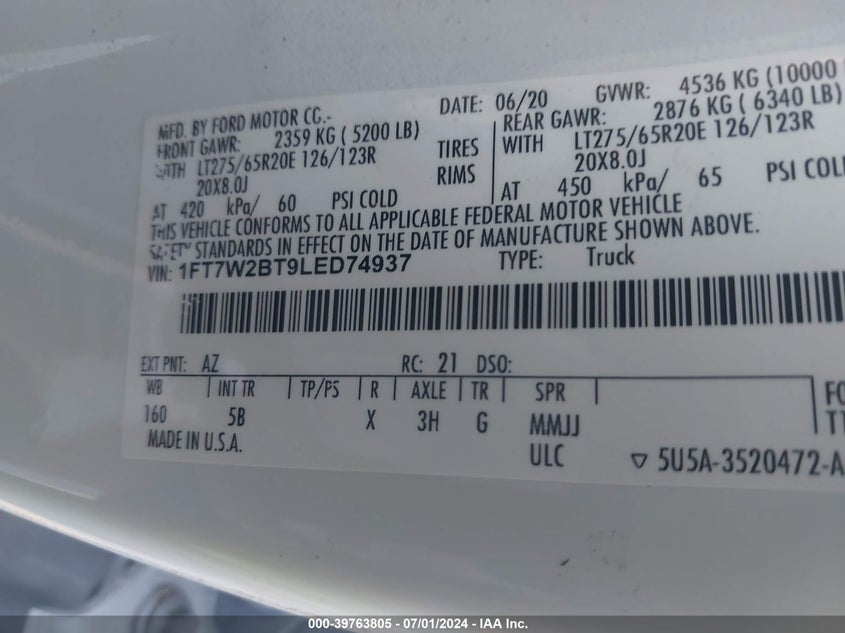 2020 FORD F-250 LARIAT - 1FT7W2BT9LED74937