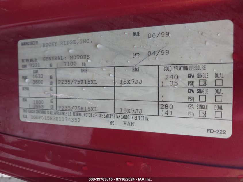 1999 Chevrolet Express VIN: 1GBFG15R3X1134352 Lot: 39763815