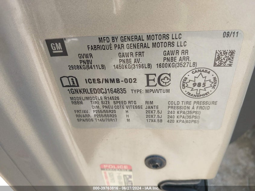 2012 Chevrolet Traverse Ltz VIN: 1GNKRLED0CJ164835 Lot: 39763816