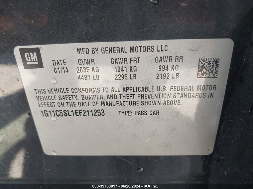2014 Chevrolet Malibu 1Lt VIN: 1G11C5SL1EF211253 Lot: 39763817