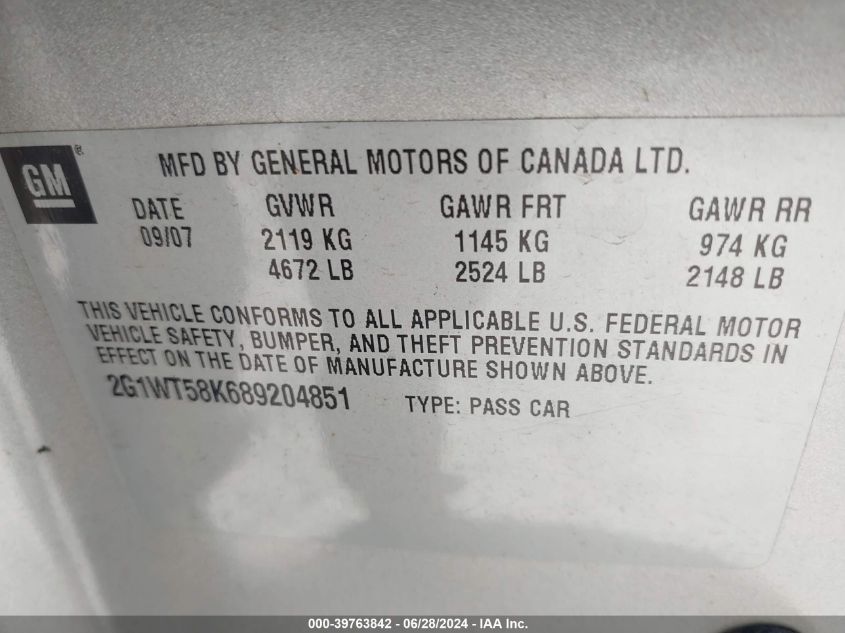 2008 Chevrolet Impala Lt VIN: 2G1WT58K689204851 Lot: 39763842
