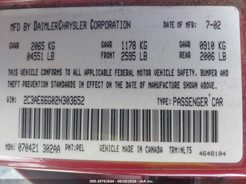 2002 Chrysler 300M VIN: 2C3AE66G02H303652 Lot: 39763844