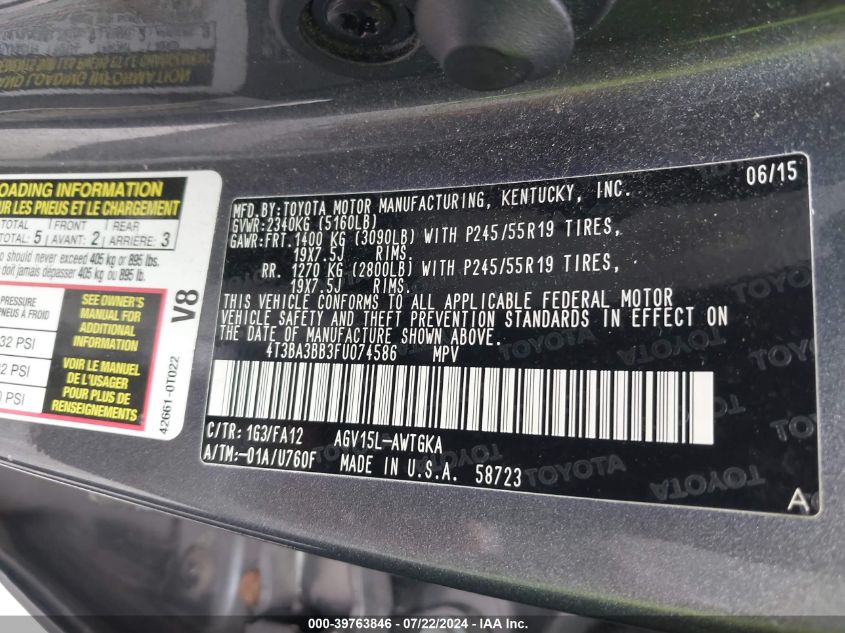 2015 Toyota Venza Le VIN: 4T3BA3BB3FU074586 Lot: 39763846