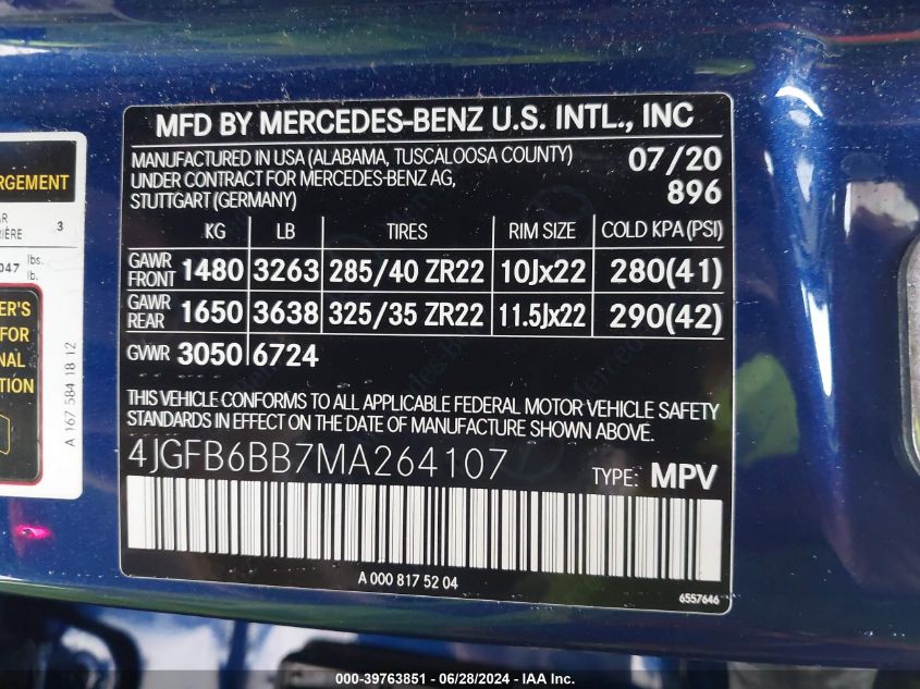 2021 Mercedes-Benz Amg Gle 53 Amg 53 4Matic VIN: 4JGFB6BB7MA264107 Lot: 39763851