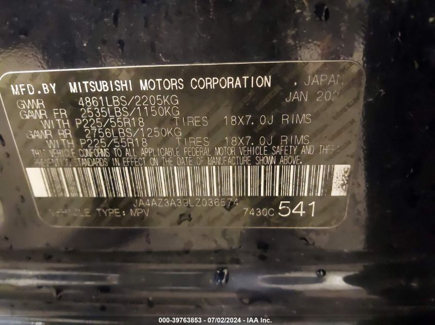 2020 Mitsubishi Outlander Sel 2.4 S-Awc VIN: JA4AZ3A39LZ036574 Lot: 39763853