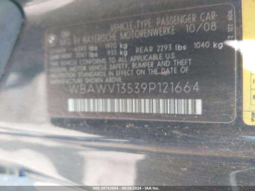 2009 BMW 328I I Sulev VIN: WBAWV13539P121664 Lot: 39763854
