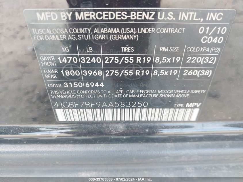 2010 Mercedes-Benz Gl 450 4Matic VIN: 4JGBF7BE9AA583250 Lot: 39763869