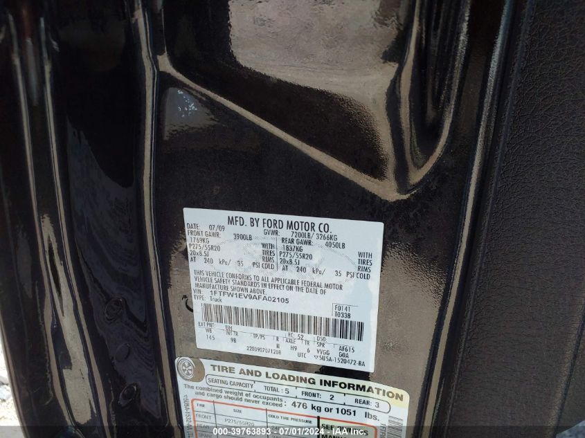 2010 Ford F-150 Fx4/Harley-Davidson/King Ranch/Lariat/Platinum/Xl/Xlt VIN: 1FTFW1EV9AFA02105 Lot: 39763893