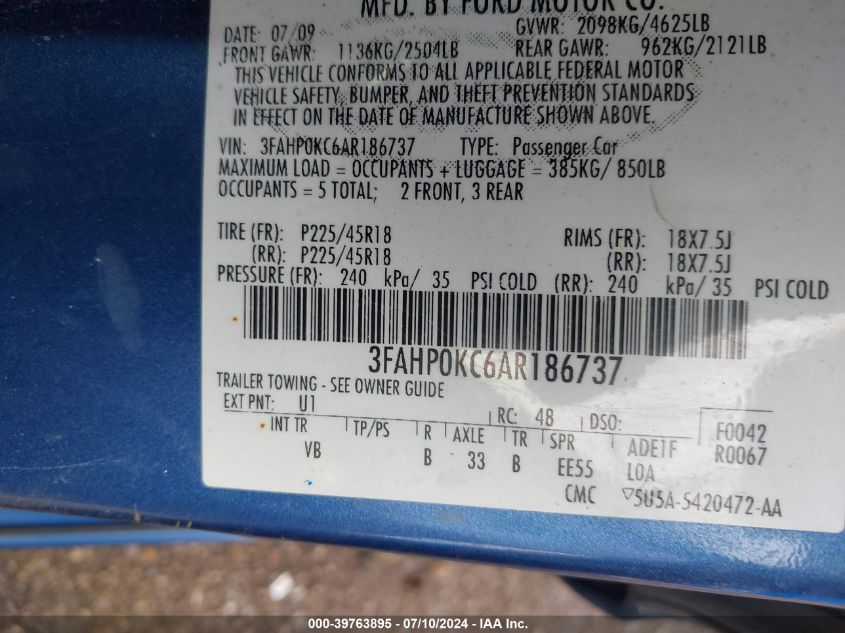 2010 Ford Fusion Sport VIN: 3FAHP0KC6AR186737 Lot: 39763895