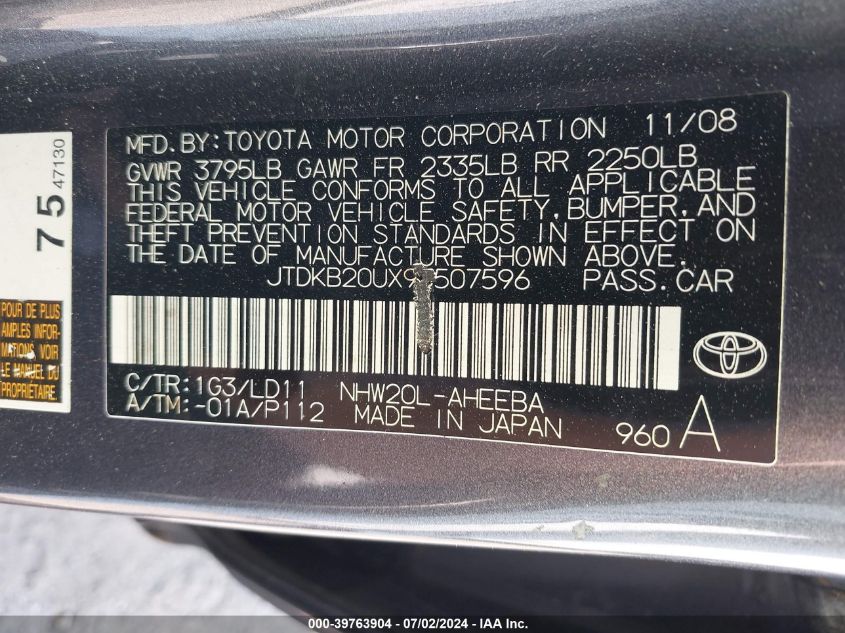 2009 Toyota Prius VIN: JTDKB20UX93507596 Lot: 39763904