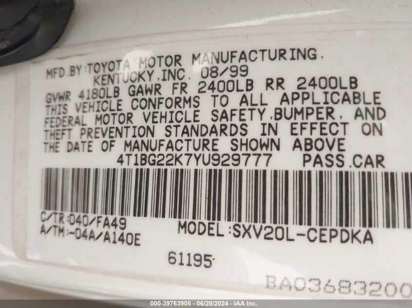 2000 Toyota Camry Ce VIN: 4T1BG22K7YU929777 Lot: 39763905