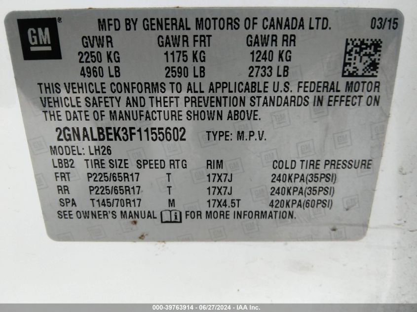 2015 Chevrolet Equinox 1Lt VIN: 2GNALBEK3F1155602 Lot: 39763914