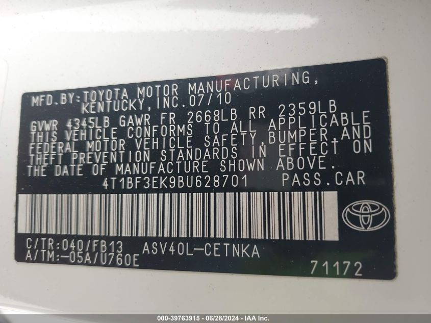 4T1BF3EK9BU628701 2011 Toyota Camry Se/Le/Xle