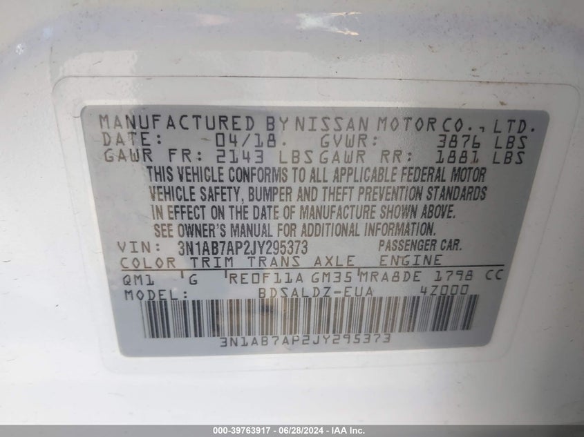 2018 Nissan Sentra Sv VIN: 3N1AB7AP2JY295373 Lot: 39763917