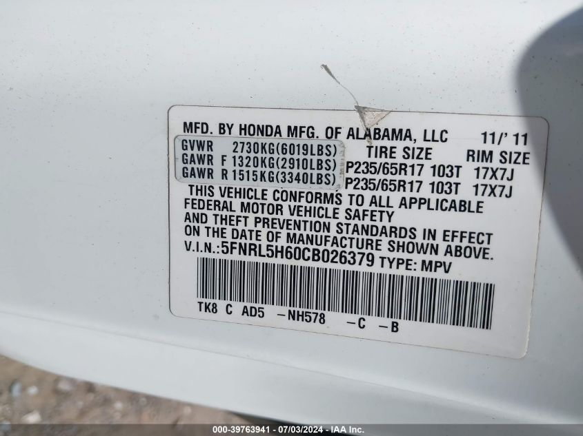 2012 Honda Odyssey Ex-L VIN: 5FNRL5H60CB026379 Lot: 39763941