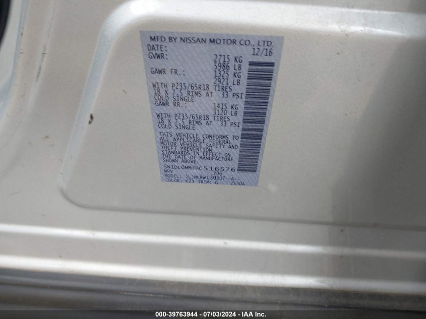 2017 Infiniti Qx60 VIN: 5N1DL0MM7HC516576 Lot: 39763944