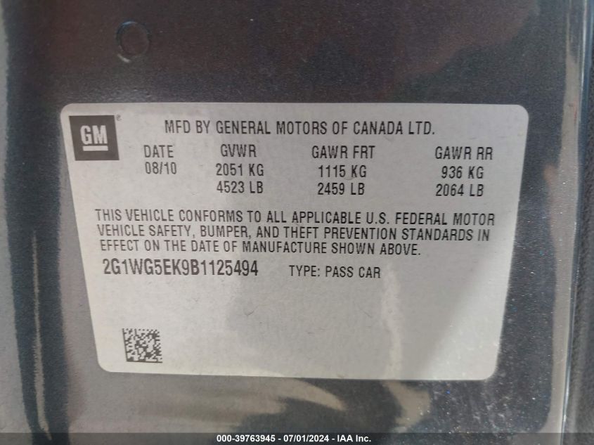 2011 Chevrolet Impala Lt VIN: 2G1WG5EK9B1125494 Lot: 39763945
