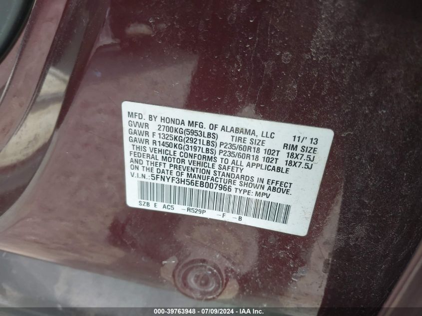 2014 Honda Pilot Exl VIN: 5FNYF3H56EB007966 Lot: 39763948
