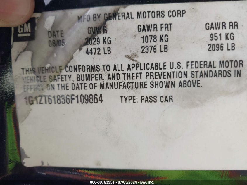 2006 Chevrolet Malibu Maxx Lt VIN: 1G1ZT61836F109864 Lot: 39763951