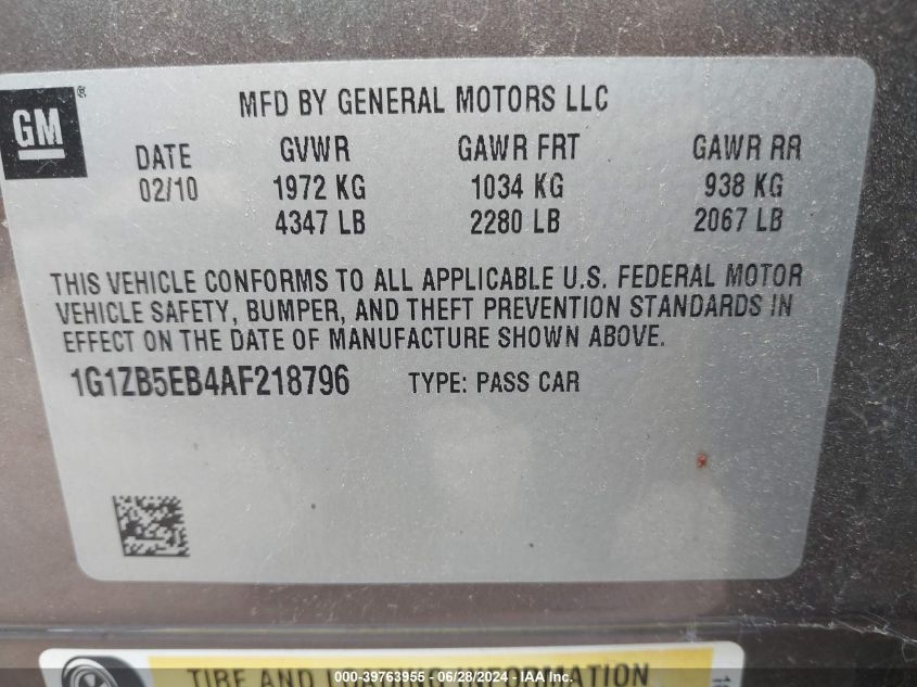 2010 Chevrolet Malibu Ls VIN: 1G1ZB5EB4AF218796 Lot: 39763955