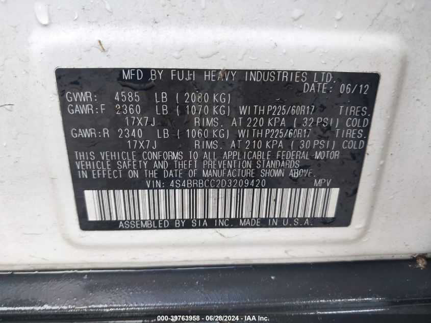 2013 Subaru Outback 2.5I Premium VIN: 4S4BRBCC2D3209420 Lot: 39763958