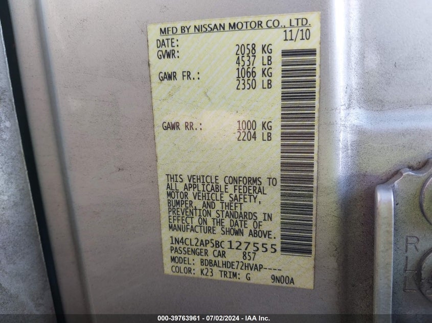 2011 Nissan Altima Hybrid VIN: 1N4CL2AP5BC127555 Lot: 39763961