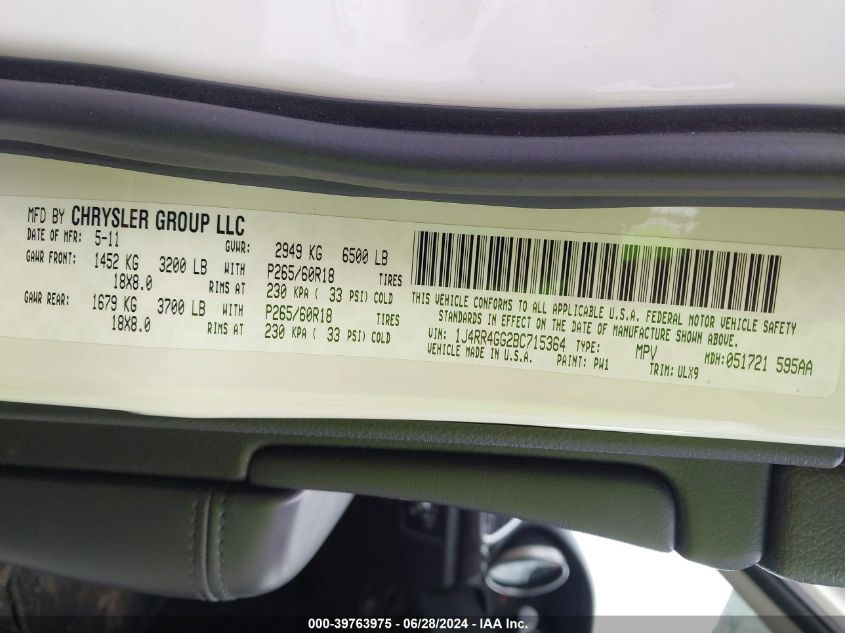 2011 Jeep Grand Cherokee Laredo VIN: 1J4RR4GG2BC715364 Lot: 39763975