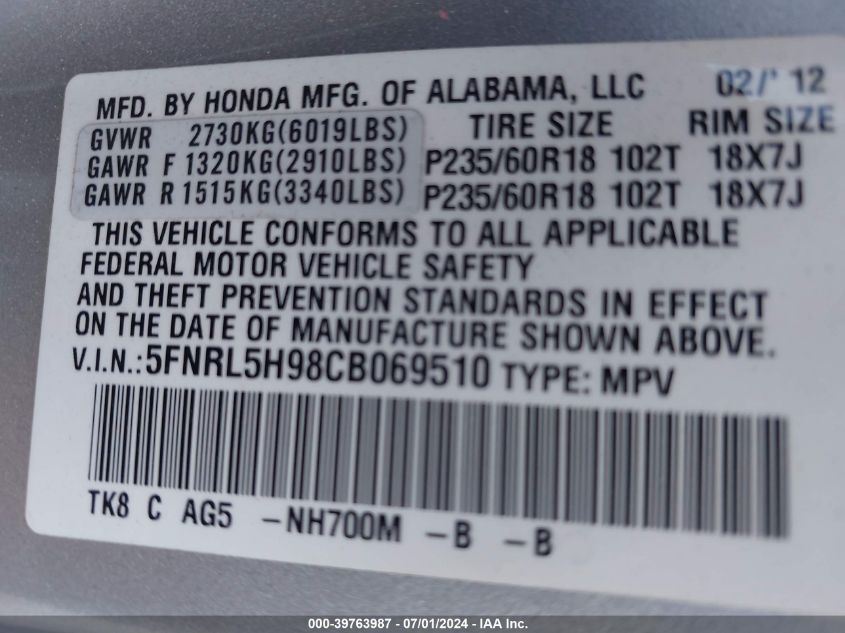 2012 Honda Odyssey Touring/Touring Elite VIN: 5FNRL5H98CB069510 Lot: 39763987