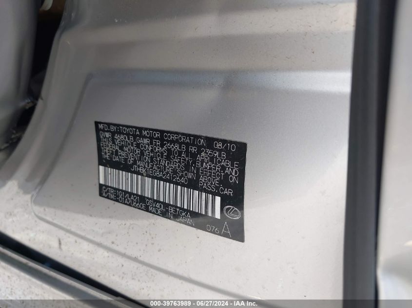 2010 Lexus Es 350 VIN: JTHBK1EG8A2412640 Lot: 39763989