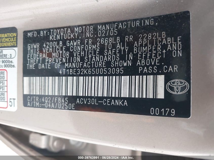 2005 Toyota Camry Std VIN: 4T1BE32K65U053095 Lot: 39763991