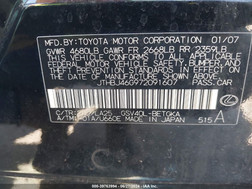 2007 Lexus Es 350 VIN: JTHBJ46G972091607 Lot: 39763994