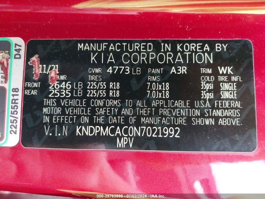 2022 Kia Sportage Lx VIN: KNDPMCAC0N7021992 Lot: 39763995