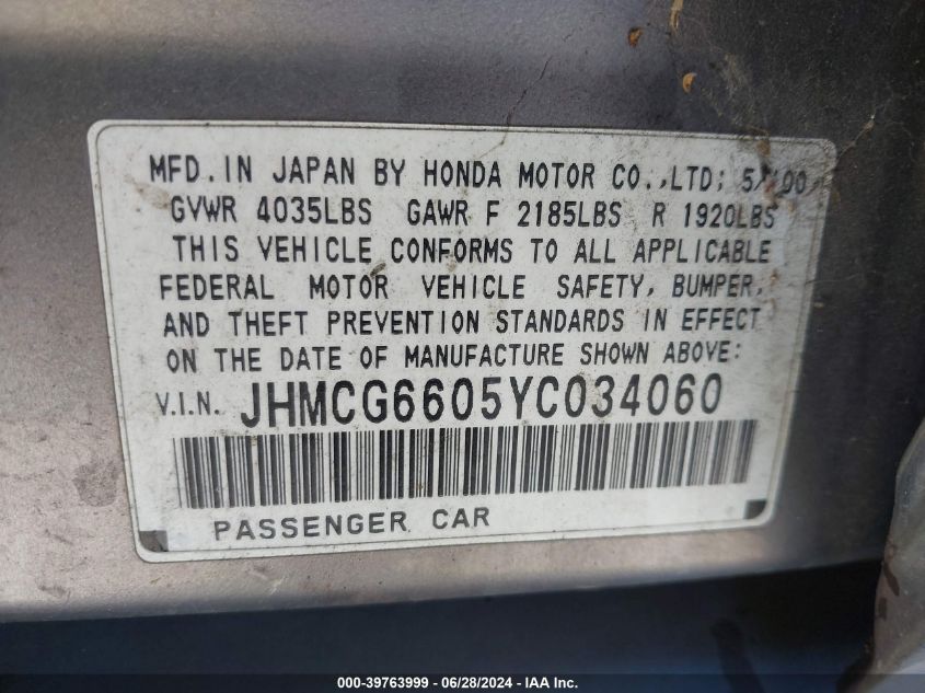 2000 Honda Accord 2.3 Ex VIN: JHMCG6605YC034060 Lot: 39763999