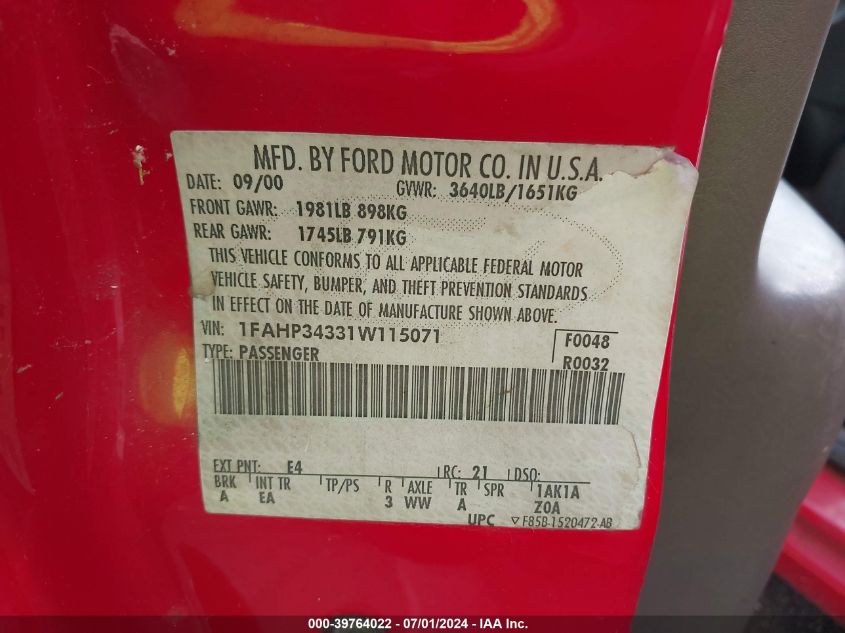 2001 Ford Focus Se VIN: 1FAHP34331W115071 Lot: 39764022